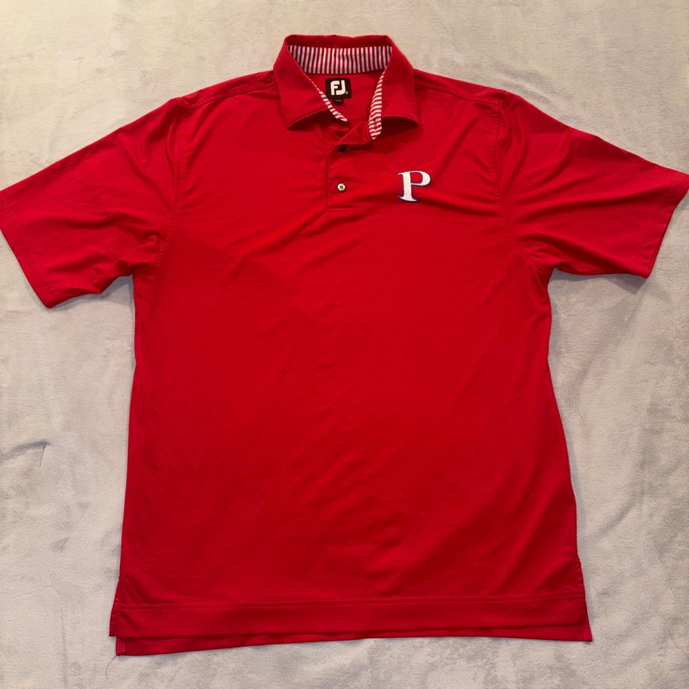 FootJoy Mens Red Performance‎ Golf Polo Shirt Striped Collar Logo Size Medium